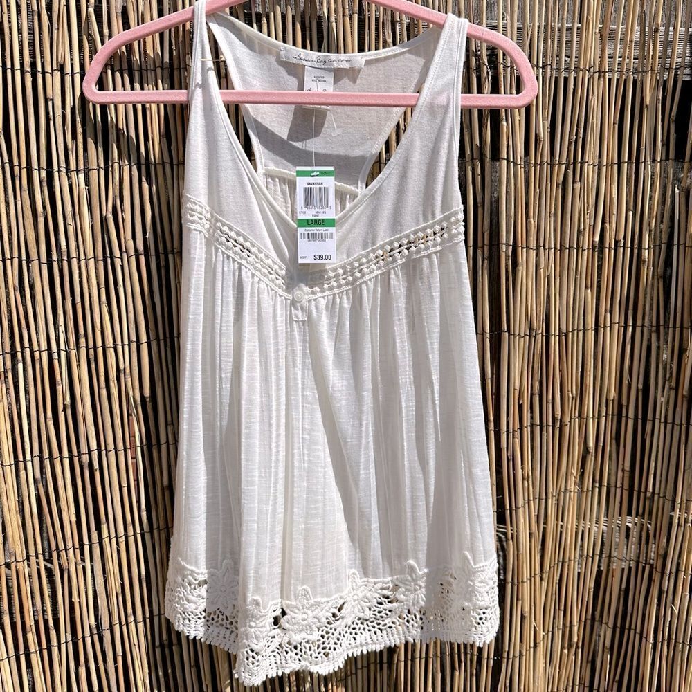 🪷 - American Rag Ivory color tank top with crochet trim. Sz L